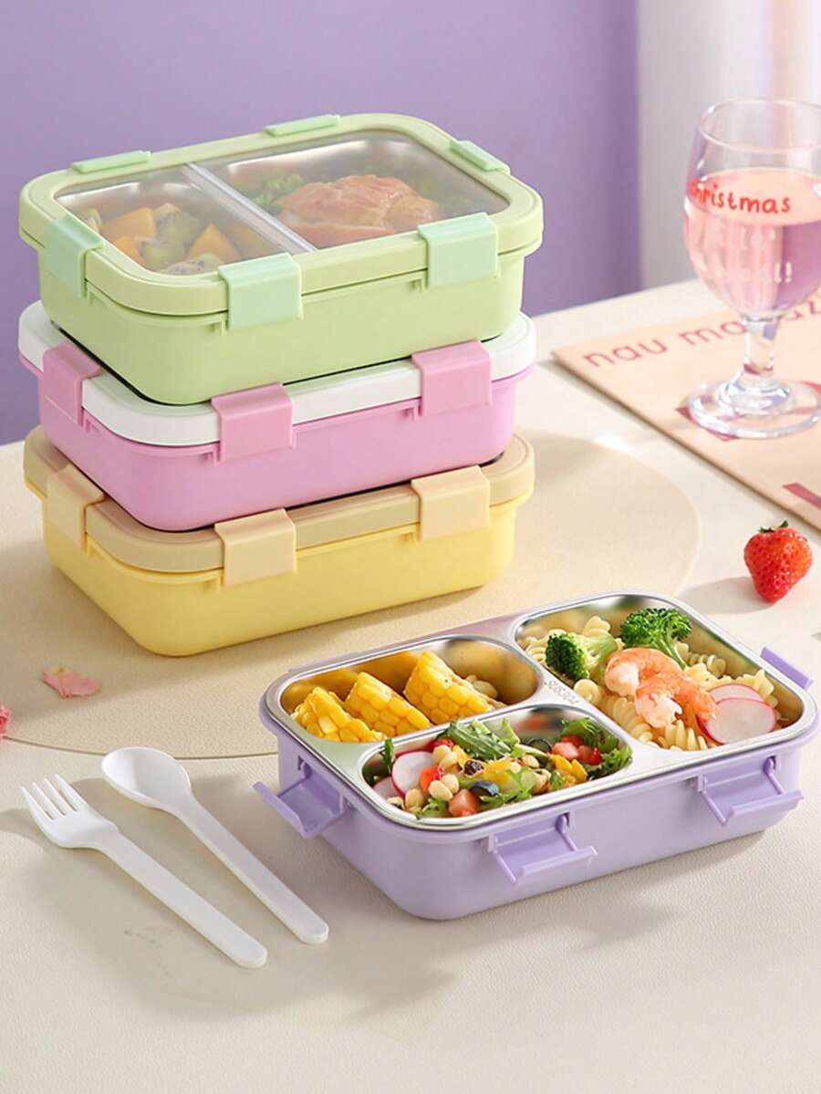 niceforyou 1pc 850ml Leak-Proof PP Or Stainless Steel Material Food Container, Includes Fork And Spoon, Macaron Color Rectangular Lunch Box With Transparent Lid, Microwave , Portable For Office, School, Picnic, All Seasons - Multicolor - View 1