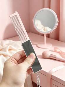 1pc 2 In 1 Foldable Hair Comb With Makeup Mirror, Portable Pocket Hair Styling Comb With Beaded Chain, Compact Lightweight Travel Hairdressing Accessory For Women Daily Outdoor Hairstyle Arrangement - Multicolor - View 3