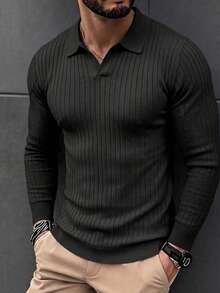 Men's Textured Vertical Ribbed Polo Collar Knit Sweater, Black, Premium Business Style, Long Sleeve, Autumn/Winter, Layering Base Layer - Black - View 4