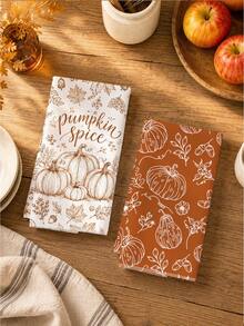 2pcs Minimalist Autumn Pumpkin Pattern Kitchen Towels, Soft Polyester Dish Cloths, Suitable For Kitchen Decor, Kitchen Cleaning, Holiday Party Decoration, Kitchen & Bathroom Supplies Home Essentials, Home Decor, Housewarming Gift - Multicolor - View 6