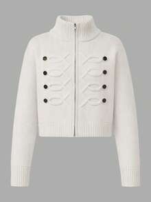Women's Fashion White Knit Zipper Cardigan - Apricot - View 9