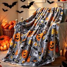 1pc Halloween Gray Background Pumpkin Skull Ghost Digital Print Flannel Blanket - Modern Style, Soft Comfortable Polyester Knitted Fabric For All Seasons, Multi-Purpose, Suitable For Sofa, Bed, Travel, Camping, Chair, Gift Blanket - Grey - View 9