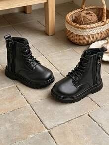1 Pair Fashionable Children's Classic Lace-Up Boots, Minimalist Plain Round Toe Short Boots, Suitable For School Daily Wear And Casual Outings, Versatile For All Seasons - Black - View 8