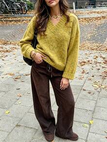 Women's Minimalist V-Neck Ribbed Long Sleeve Loose Pullover Sweater, Soft And Comfortable, Versatile For Daily Wear, Casual Autumn/Winter Outfit - Mustard Yellow - View 6