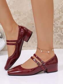 Vintage Mary Jane Women's Shoes With Double Buckle Strap, Square Toe, Chunky Heel, Comfortable Commuter Versatile Low Vamp Shoes - Burgundy - View 2