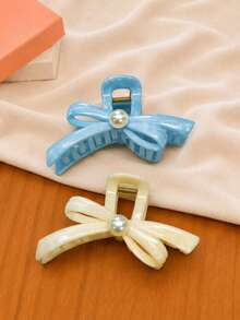 2/1pc Premium Blue/White Bow Pearl Hair Claw, Elegant Versatile Hair Claw For Back Of Head, Fashionable Minimalist Solid Color Hair Grip, Suitable For Daily, Casual, Party, Beach, Vacation, Hairstyle Design, Face Washing/Hair Washing, Makeup, Clothing Accessory, Spring Hair Claw, Summer Hair Claw, Autumn Hair Accessory, Winter Hair Claw - Multicolor - View 5