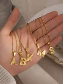 1pc Gold Tone A-Z Initial Letter Pendant Necklace Textured Box Chain Y2K Jewelry For Girls Boys Daily Wear School Party Vacation Style - Gold - View 2