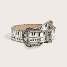 1pc Women's Piano Key Embossed Western Cowgirl Style Heavy Beaded Buckle Fashion PU Belt Suitable For Daily Use - Black and White - View 6
