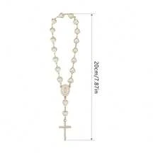 1pc Heart-Shaped Faux Pearl Cross Hanging Ornament, Metal Retro Car Mirror Pendant Decoration - A - View 2