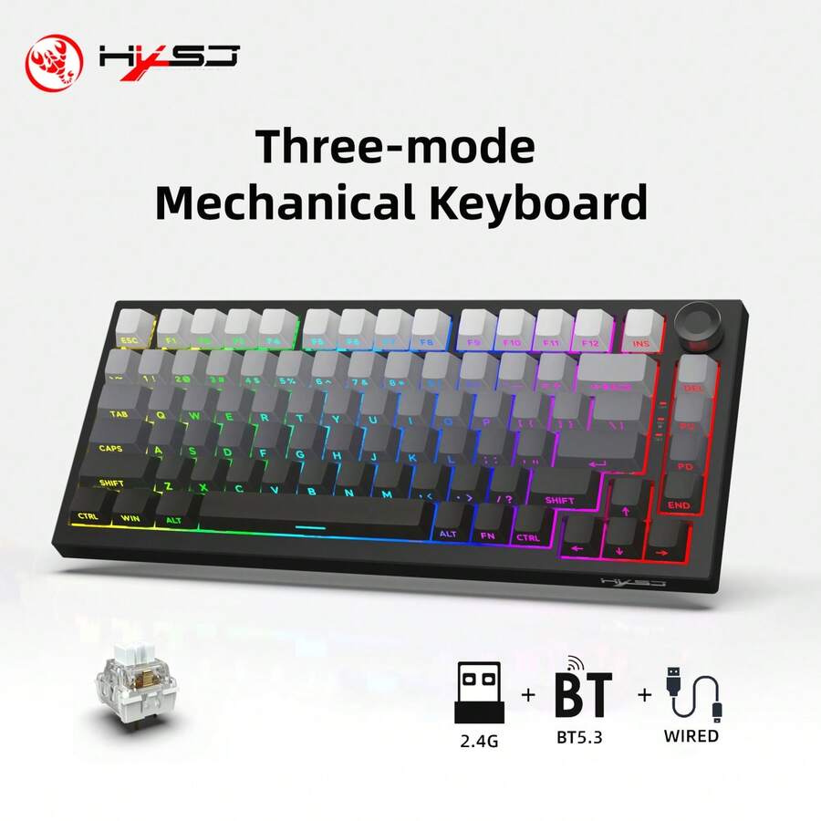 HXSJ New X81 81 Key Tri Mode Wired Wireless Mechanical Keyboard, White Switch, Hot Swappable, PBT Side Printed Gradient Keycaps, RGB Backlit, Built In 8000mAh Battery With Volume Knob, For Home, Gaming Office Use - View 1