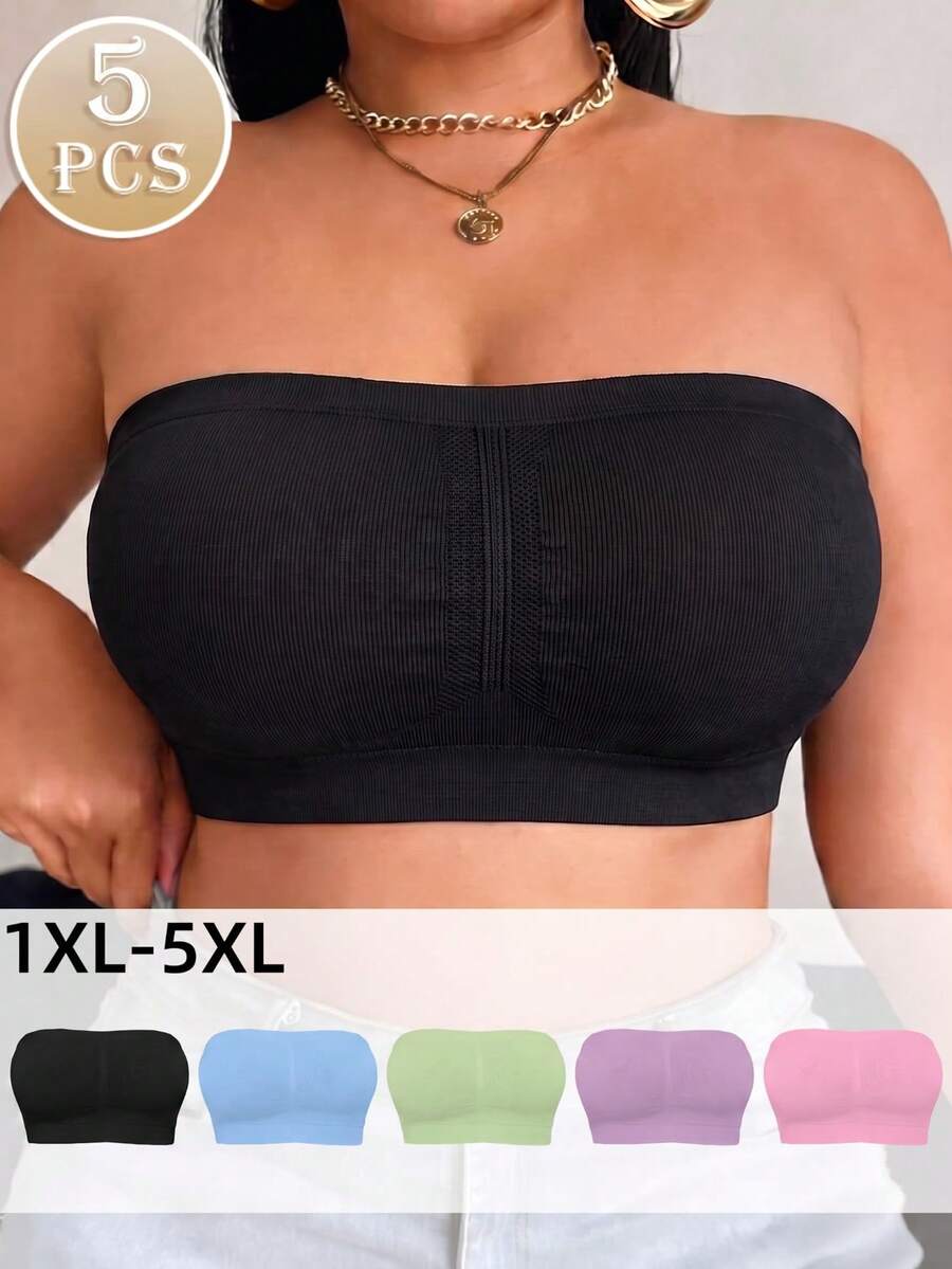 5pcs Plus Size Seamless Bandeau Bras, Wire-Free Breathable Non-Slip Bandeau Style Bra, Suitable For Yoga, Daily Layering, 1XL-5XL - Multicolor - View 1