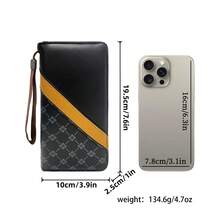 HOVI'S Men's Vintage Letter Pattern PU Leather Long Zipper Wallet, Colorblock Striped Design With Wrist Strap, 8 Card Slots Inner Zipper Pocket Clutch - Black - View 7