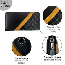 HOVI'S Men's Vintage Letter Pattern PU Leather Long Zipper Wallet, Colorblock Striped Design With Wrist Strap, 8 Card Slots Inner Zipper Pocket Clutch - Black - View 5