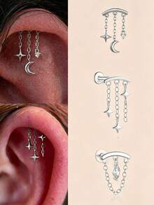 1pc 925 Sterling Silver Flat Back Dangle Stud Earrings For Women, Screw Back, Hypoallergenic, Small Cartilage Helix Conch Ear Studs - Gold - View 2