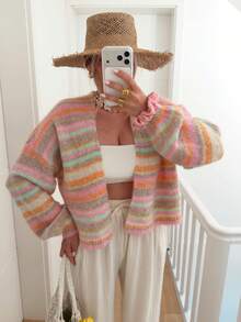 Senya 2026 Women's Plush Striped Knit Cardigan, Buttonless Open Front Loose Long Sleeve Sweater Jacket, Casual Y2K Daily Autumn/Winter Top - Multicolor - View 2