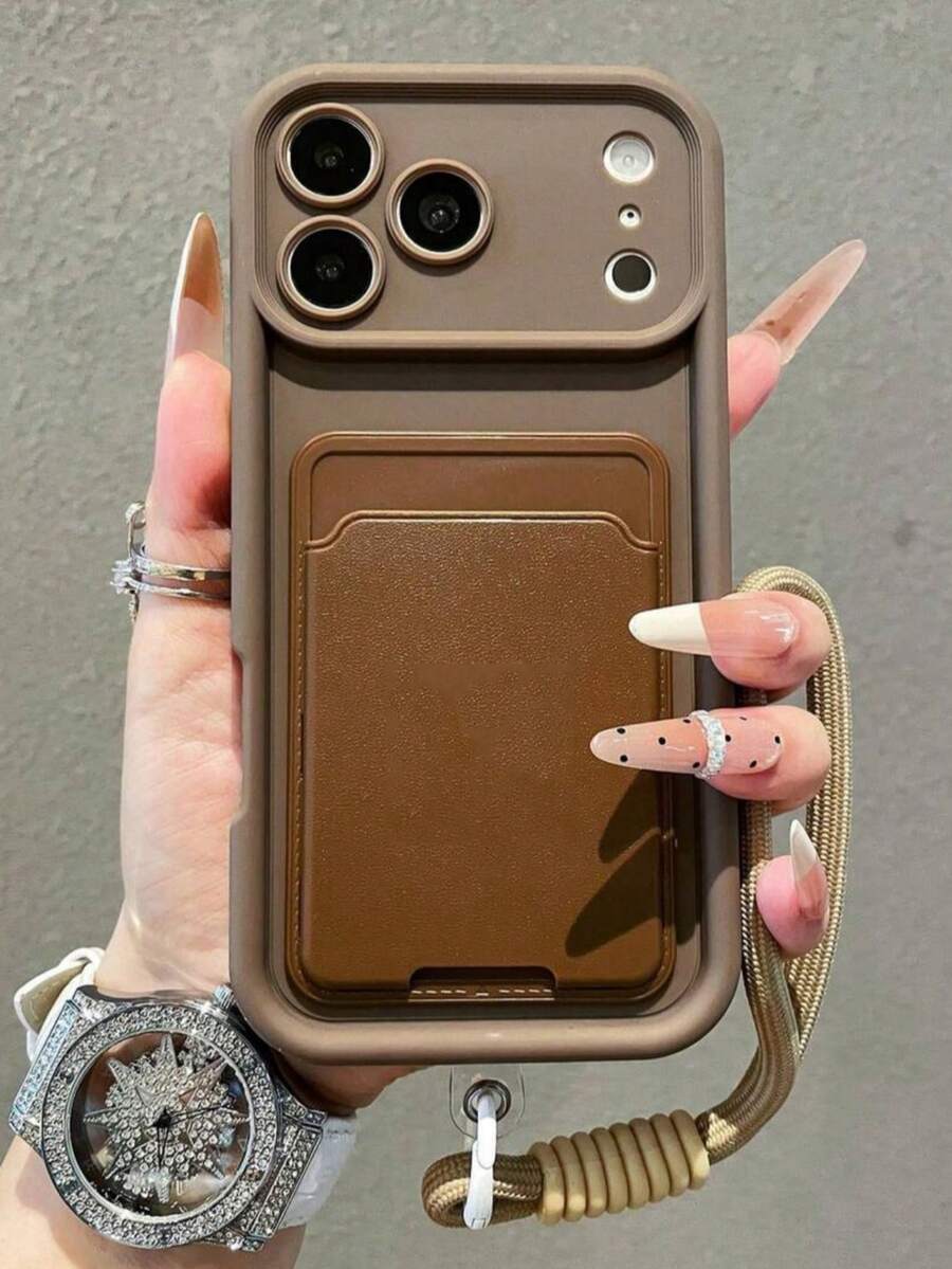 حامل بطاقات فاخر بتصميم بسيط مع بطانية هاتف بتدرج رملي وحبل، متوافق مع آيفون 17 برو ماكس 17 برو 18 برو ماكس 18 برو 16 15 14 13 برو ماكس مع بطانية حماية للعدسة - بني - مشاهدة 1