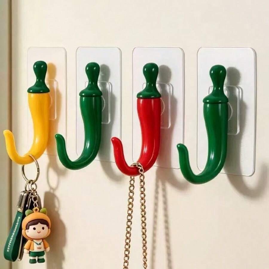 1pc Chili Pepper Hook, Strong Adhesive No-Drill Wall Hook, Entryway Key Hook - View 1