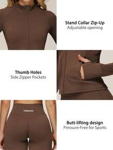 TimeOff Women's One Set Autumn/Winter Solid Color Small Stand Collar Zipper Jacket With Thumb Holes And Side Pockets, Butt-Lifting Flared Pants 2 Pieces Set - Chocolate Brown - View 4