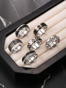 6pcs/Set Men's Stainless Steel Rings, Gothic Style Vintage Jewelry, Rotating Stress Relief Rings, Chain Gear Rings, Hand-In-Hand Pattern Rings, Suitable For Halloween Gifts, Stress Relief And Boredom - Silver - View 8