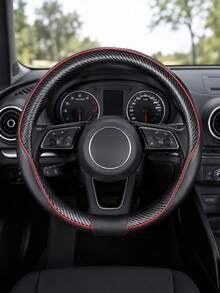1PC Universal Carbon Fiber Steering Wheel Cover, Black Sport Style Leather Texture Auto Steering Wheel Protector With Red Stitching Detail, Non-Slip Comfortable Grip, Breathable Car Interior Accessories For Men Women Daily Commute Travel - A - View 11