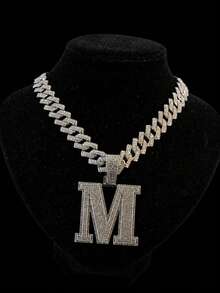 1pc Hip Hop Oversized M Letter Iced Out Pendant Necklace, Rhinestone Cuban Chain Set, Rap Style Accessory, Unisex Music Festival Party Outfit Personalized Jewelry Gift - M - View 10