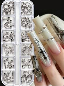1box Punk Alloy Perforated Rivets Nail Charms Silver Metal Studs Five-Pointed Star Pin Gothic Nail Art 3D Punk Cone Spikes Nail Rivets Decorations - Multicolor - View 1
