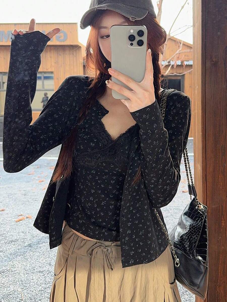 蕾絲花卉細肩帶背心與長袖開襟衫套裝,修身 2 件組,女款度假黑色優雅 - 黑色 - 查看 1