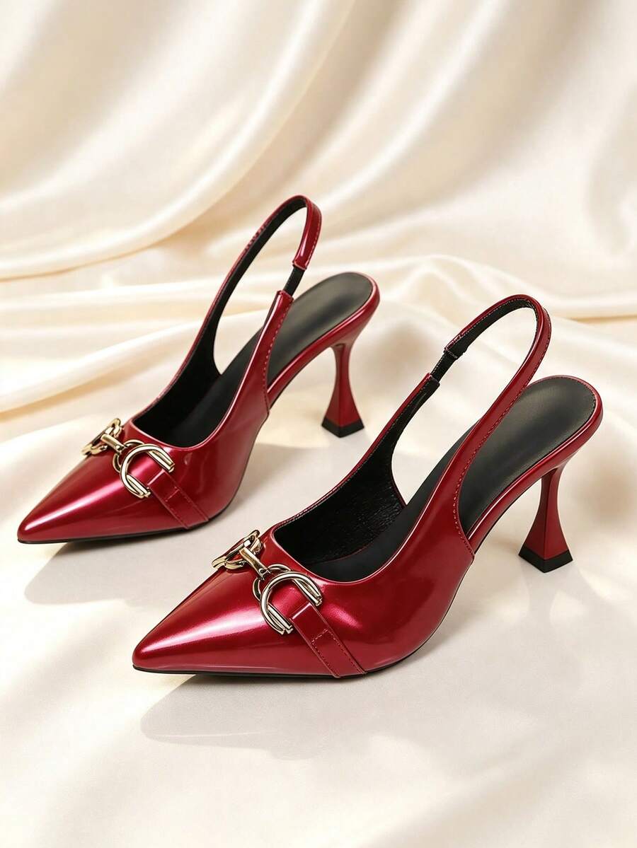 1 Pair Hot Red Pointed Toe High Heel Shoes, Shiny PU Material, Metal Horse Bit Buckle Decor, Closed Toe Back Strap Slip-On Design, Luxury Party Style, Suitable For Dating, Evening Dinner, Party, Daily Commute, Travel And Outdoor Wear - Rouge Casaque - View 1