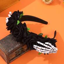 2pcs/1pc Halloween Rose Skeleton Hand Headband, Gothic Black & Red Floral Skeleton Hand Day Of The Dead Women's Party Cosplay Hair Accessory - Multicolor - View 3