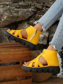 2024 Summer New Thick Sole Platform Slippers With Thin Striped Woven Strap, Comfortable Versatile Sandals - Yellow - View 2