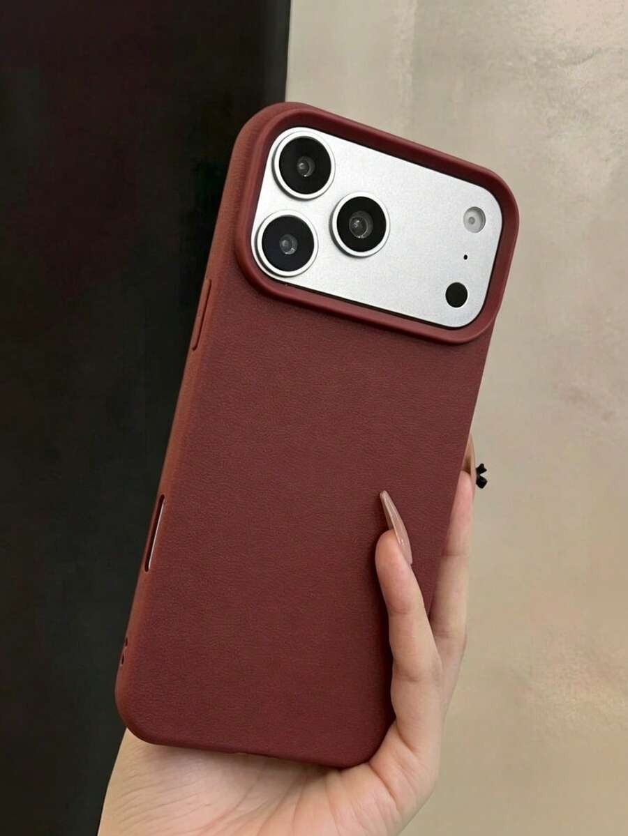 1 Buah Casing Ponsel Kulit Tekstur Leci Premium Kompatibel dengan iPhone 17 16 15 14 13 12 11 Pro Max Tahan Guncangan Minimalis Pelindung Premium - Burgundy - View 1