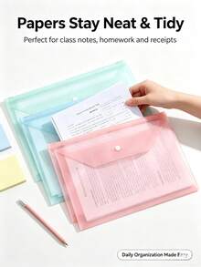Multi‑Pack Macaron Color A4 Snap Button File Folders, Waterproof Translucent PP Document Pouch, Large Capacity Paper Organizer For Back To School Student Office Supplies - A - View 5