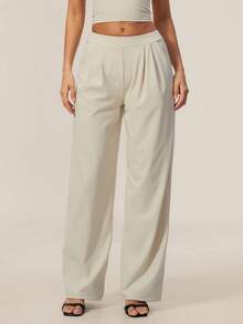TimeOff Women's 1pc Solid Color Autumn/Winter Pleated Front Side Pocket Straight Wide Leg Pants - Apricot - View 9