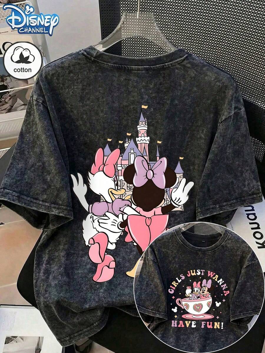 Start Cotton Summer Women's Disney Daisy And Minnie Pattern Printed Street Outing Commuting Y2K Style Black Round Neck Short Sleeve Washed T-Shirt Top - Black - View 1