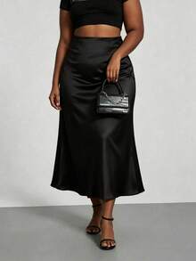 Gaun Panjang Satin Hitam Ukuran Plus yang Elegan, Desain Duyung dari Kain Tenun, Sedikit Elastis, Cocok untuk Pakaian Malam - Hitam - View 3