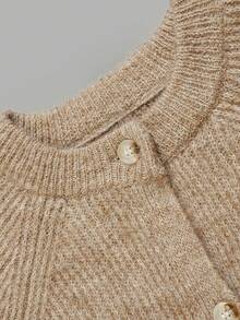 Autumn Khaki Crew Neck Knit Cardigan For Women Raglan Sleeve Button Down Fuzzy Soft Knit Tops Casual Fall Daily Outfits - Brown - View 5