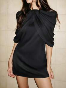 Autumn/Winter Solid Color Ruched Shawl Collar Long Sleeve Fitted Short Dress, Elegant Commute Date Street Style Afternoon Tea Party Dress, Black - Black - View 1