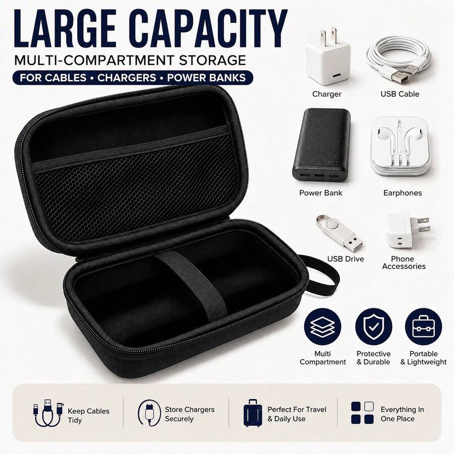 Hard EVA Travel Electronics Organizer Bag, Portable Power Bank Charger Cable Storage Pouch, Shockproof Waterproof Small Accessories Carrying Bag, Can Store Charger, Earphones, Lipstick, Cosmetics, Travel Essentials - Black - View 1