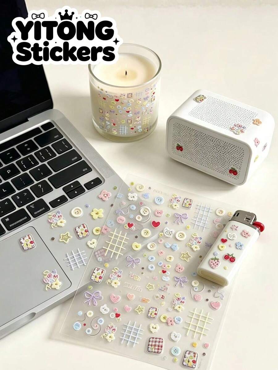 1pc Gentle & Sweet Printed Decorative Sticker + Free Tweezers, Multiple Styles Available, Macaron Pastel Color Palette, Collection Of Buttons, Floral, Plaid, Bows, Cherries And Other Diverse Elements, Thin And Smooth Texture, Waterproof And Moisture-Resistant, Soft Adhesive Backing With No Residue, Exquisite And Rich Patterns, Can Decorate Notebooks, Speakers, Lighters, Aromatherapy And Other Personal Items, Create A Gentle And Unique Appearance - Button Series - View 1