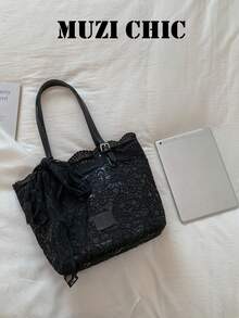 Lace Pattern Decorated Shoulder Tote Bag, Large Capacity Multi-Item Storage, Open Closure, Gentle Atmosphere Tote Bag Suitable For Commuting, Work, School, Shopping, Short Trips, Daily Outings - Black - View 3