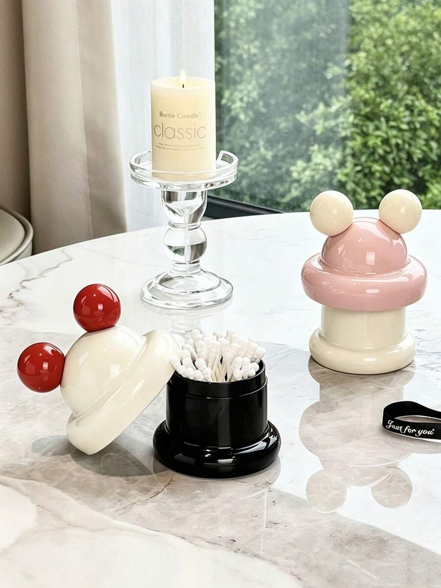 1PC/6PCSCute Cream Donut‑Shaped Toothpick & Cotton Swab Holder, Dust‑Proof Glossy Storage Jar, Multi‑Purpose Desktop Organizer For Toothpicks, Floss Sticks, Small Trinkets, Decorative Table Ornament For Home, Dining Room, Kitchen, Cafe