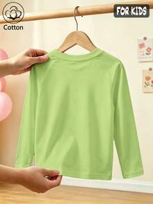 Girls Cotton Raglan Long Sleeve Tee For Fall Winter, Cartoon Rainbow Print With Clouds, Crown, Stars & Hearts, Sweet Preppy School Style - Fruit Green - View 4