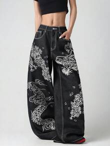 1件美式街頭復古女款紅色刺繡黑色牛仔褲 寬鬆舒適寬腿時尚四季百搭牛仔長褲（本產品不含腰帶/配件） - 黑與白 - 查看 5