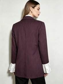 Women's Vertical Striped Blazer Jacket, Satin Bell Sleeve Design, Commuter Professional Small Suit Jacket, Spring/Autumn Thin Outerwear - Burgundy - View 2