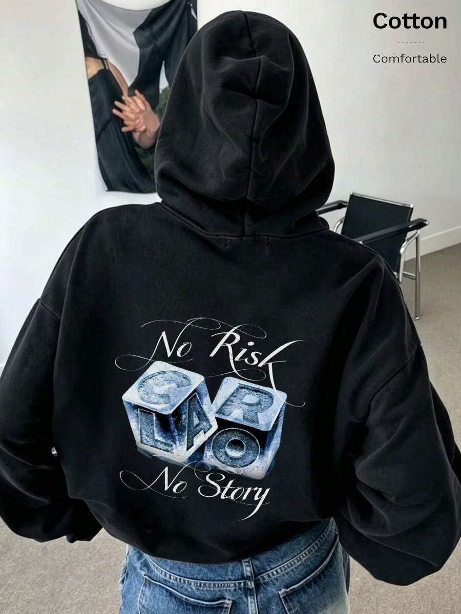Autumn/Winter Women's Casual Hoodie, Cool Ice-Effect Dice Graphic, Sporty Jogging Style Women's Top, Y2K Streetwear Hoodie - Black - View 1