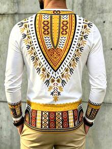 Men's Traditional African Pattern Print Sublimation Long Sleeve V-Neck T-Shirt, Spring/Autumn Shirt - Multicolor - View 4
