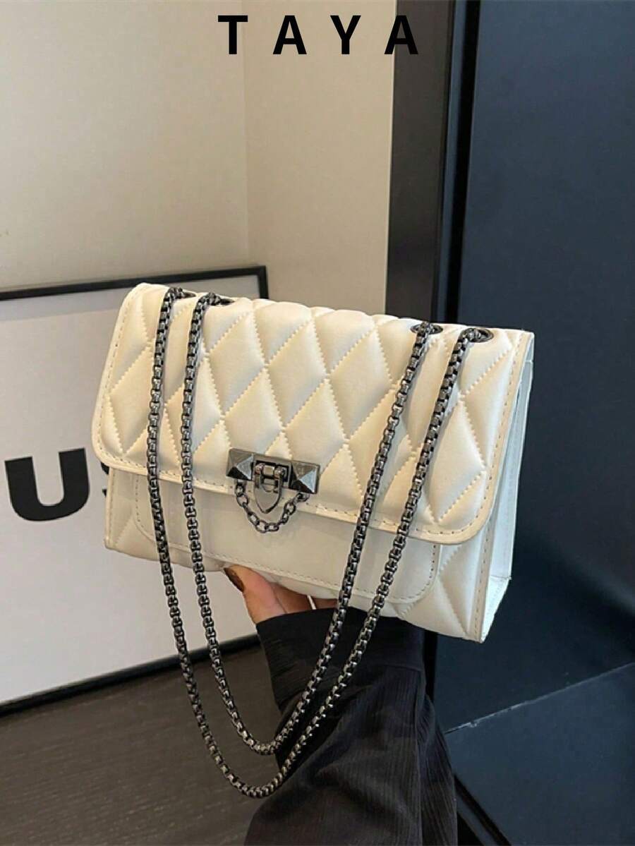 1件極簡時尚凹面菱形方包，鎖扣翻蓋開口金屬鏈條單肩包，適合女性日常休閒使用