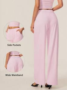 TimeOff Women's 1pc Solid Color Autumn/Winter Pleated Front Side Pocket Straight Leg Wide Leg Pants - Pink - View 3