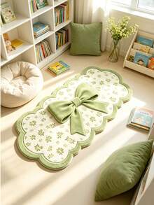 1pc Green Wavy Edge Bow Knot Rug, Faux Cashmere, Thickened Carpet, Thick Carpet, Fuzzy Carpet, Autumn/Winter Carpet, Thickened Carpet, Decorative Carpet, Bedroom Decor - Lime Green - View 3