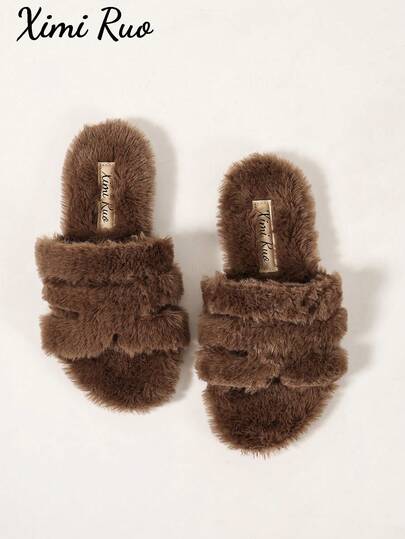 Ximi Ruo Pantuflas planas de piel de peluche de unicolor para mujer, pantuflas casuales para vacaciones, playa, hogar, interior y exterior, sandalias suaves y cálidas para otoño e invierno, zapatos minimalistas de moda tipo slip-on, forro de peluche suave, uso diario en interiores, hogar, exteriores y calle, pantuflas versátiles suaves y ligeras para mujer, pantuflas de estilo suave y cálido para otoño e invierno, zapatos cómodos y planos para viajes casuales, pantuflas de felpa de doble uso para hogar y exterior